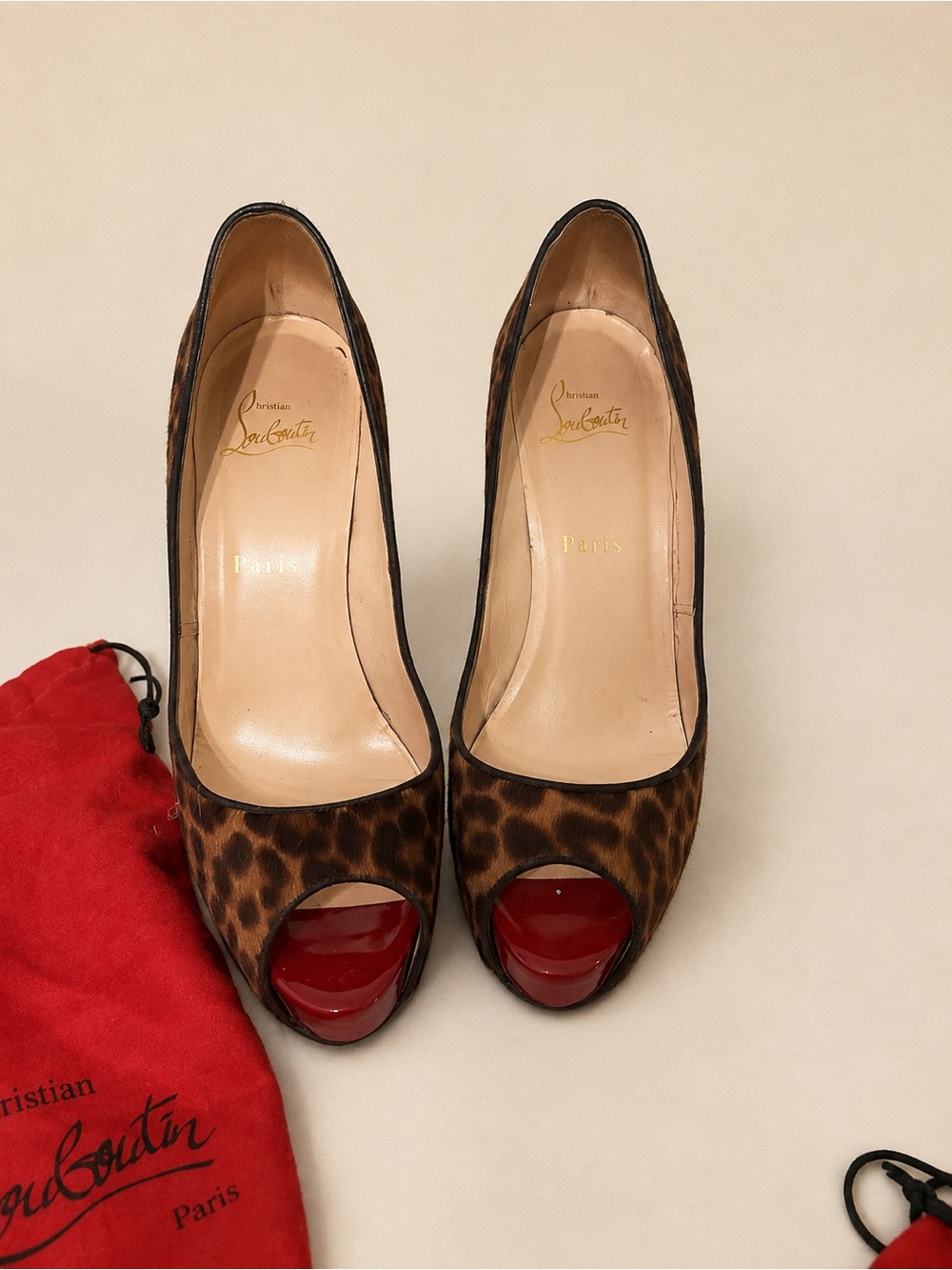 Christian Louboutin Leopard Calf Hair Peep Toe Pumps EU 38.5 Red Bottom